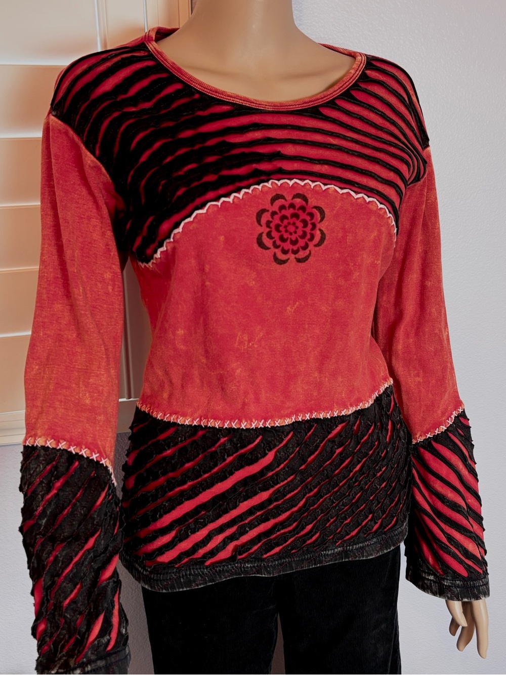 Dragonfly Hippie Acid Washed Red Black Tattered Long Sleeve Cotton Top